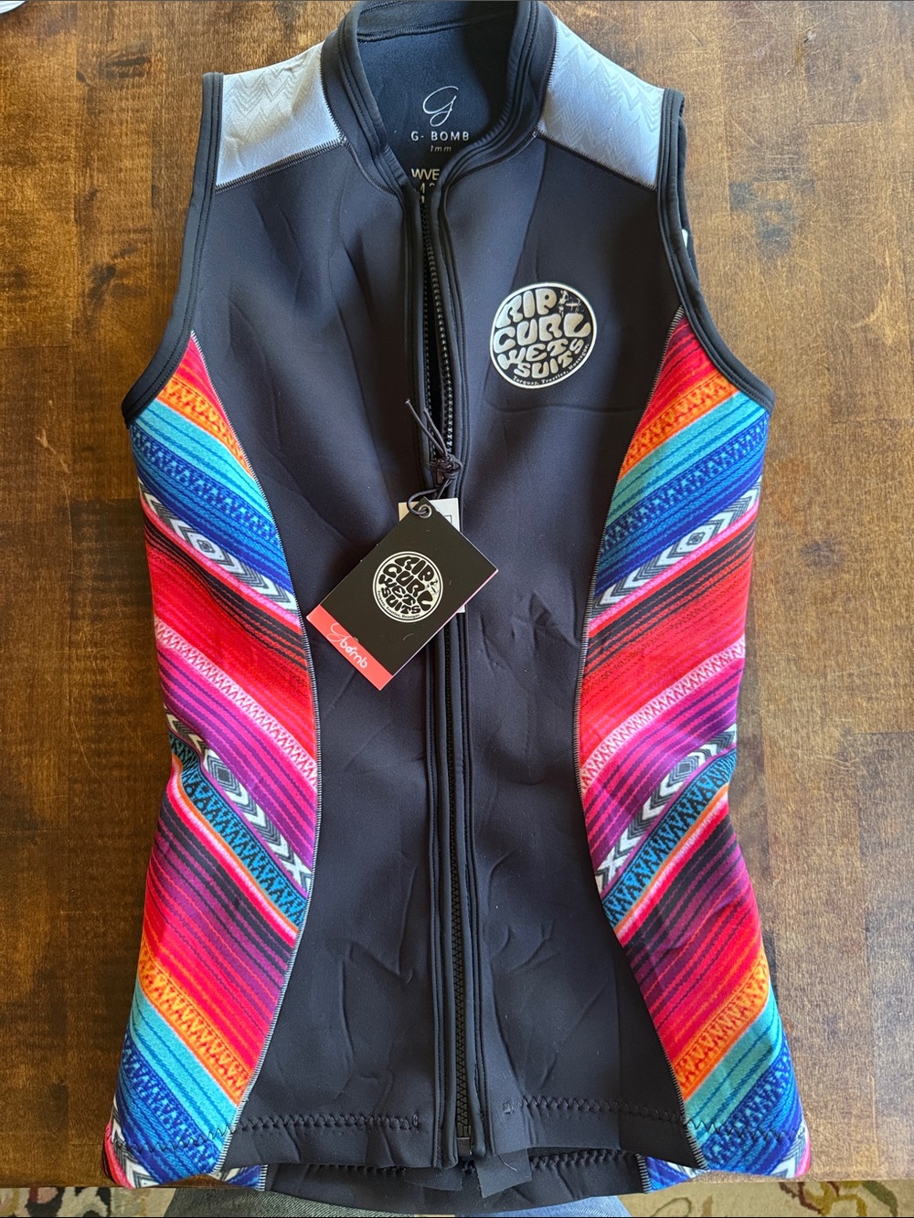 Rip Curl Black Neoprene Vest with Rainbow Aztec Panels